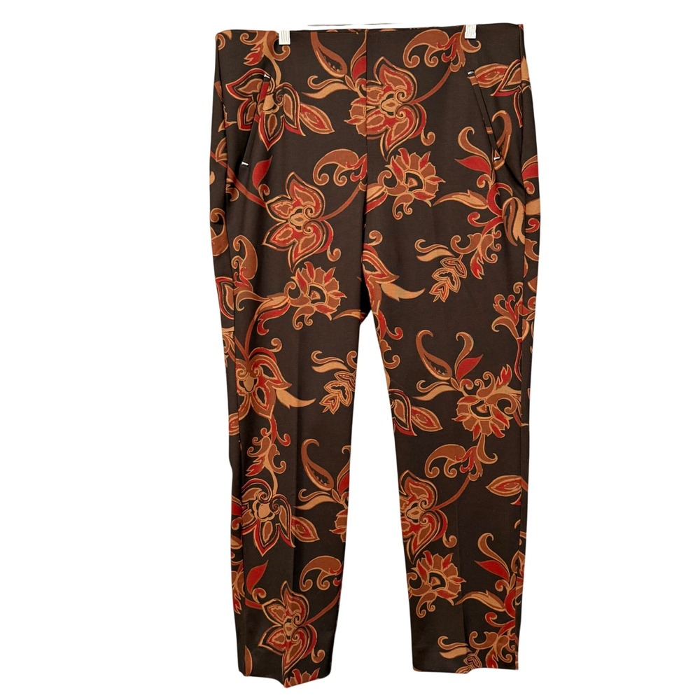 Chicos Ankle Pants 2.5 Womens 14 Brown Red Floral Pull On Stretch Taper Slimming